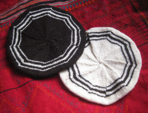 Two berets, DK.
Black and natural white Shetland.
Christmas present for newly-weds.