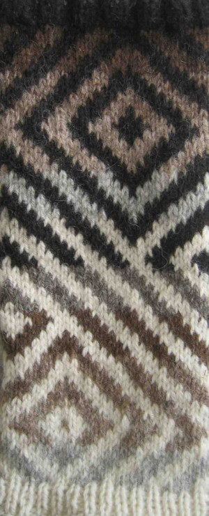 Geometric patterned sampler, DK.
Pattern in chocolate black Hebridean, tweed grey Jacob, and several Shetland colours