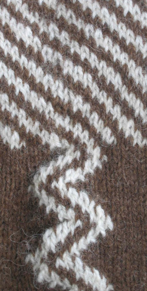 Detail of Leila's socks, 4ply.
Moorit and natural white Shetland.