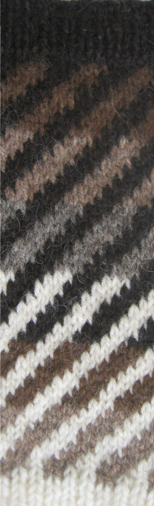 Patterned sampler, DK.
Chocolate black Hebridean, tweed grey Jacob and several Shetland colours